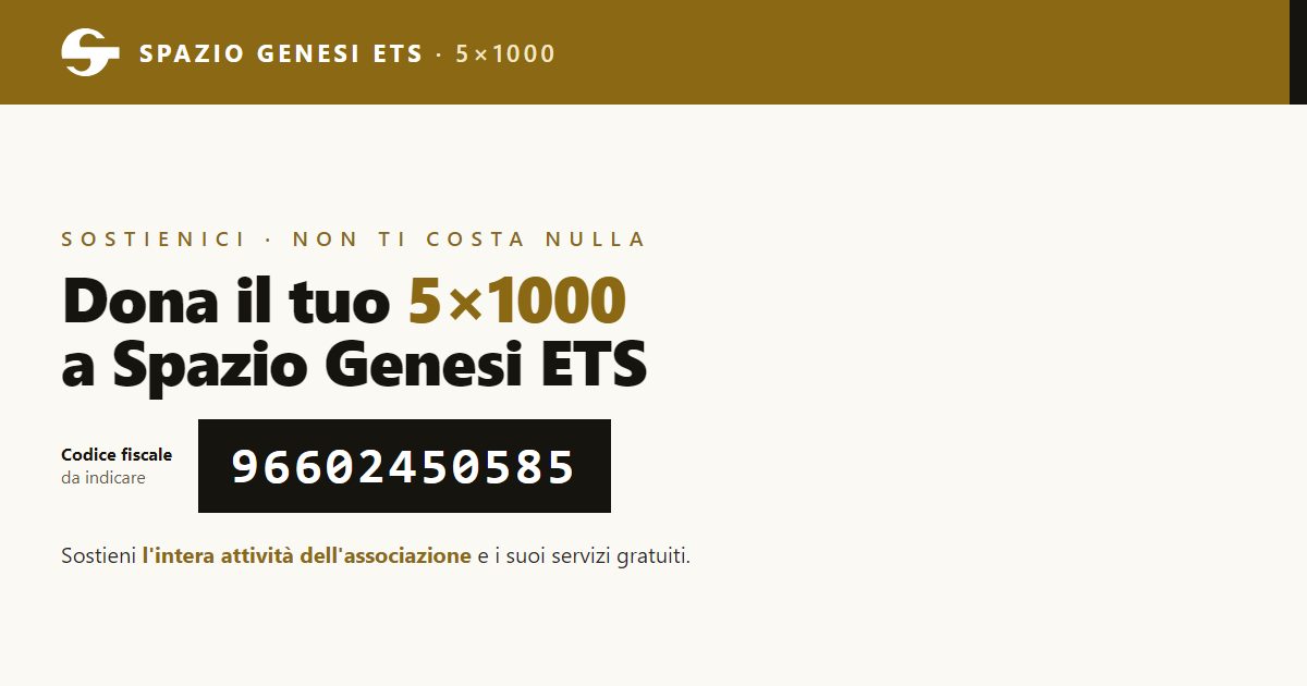 Dona il tuo 5×1000 a Spazio Genesi ETS — codice fiscale 96602450585